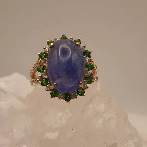 925 Genuine Tanzanite, Chrome Diopside And White Zircon. Yellow Gold Over 925.